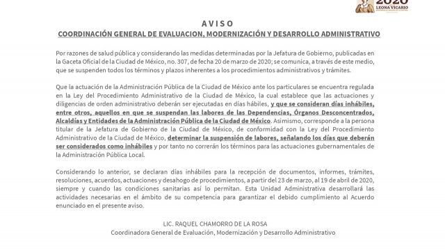 A V I S O COORDINACIÓN GENERAL DE EVALUACIÓN, MODERNIZACIÓN Y DESARROLLO ADMINISTRATIVO